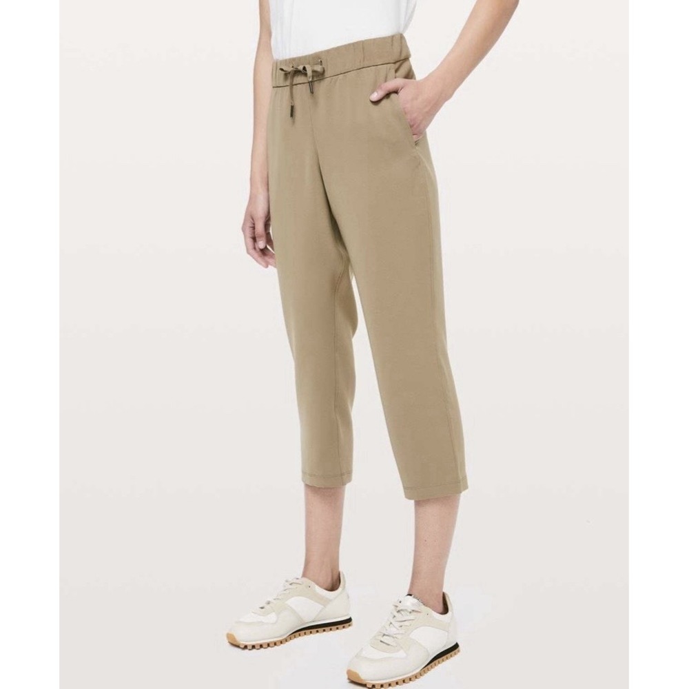 Lululemon‎ On The Fly Crop Pants Size 10 Khaki Woven Drawstring Stretch Casual